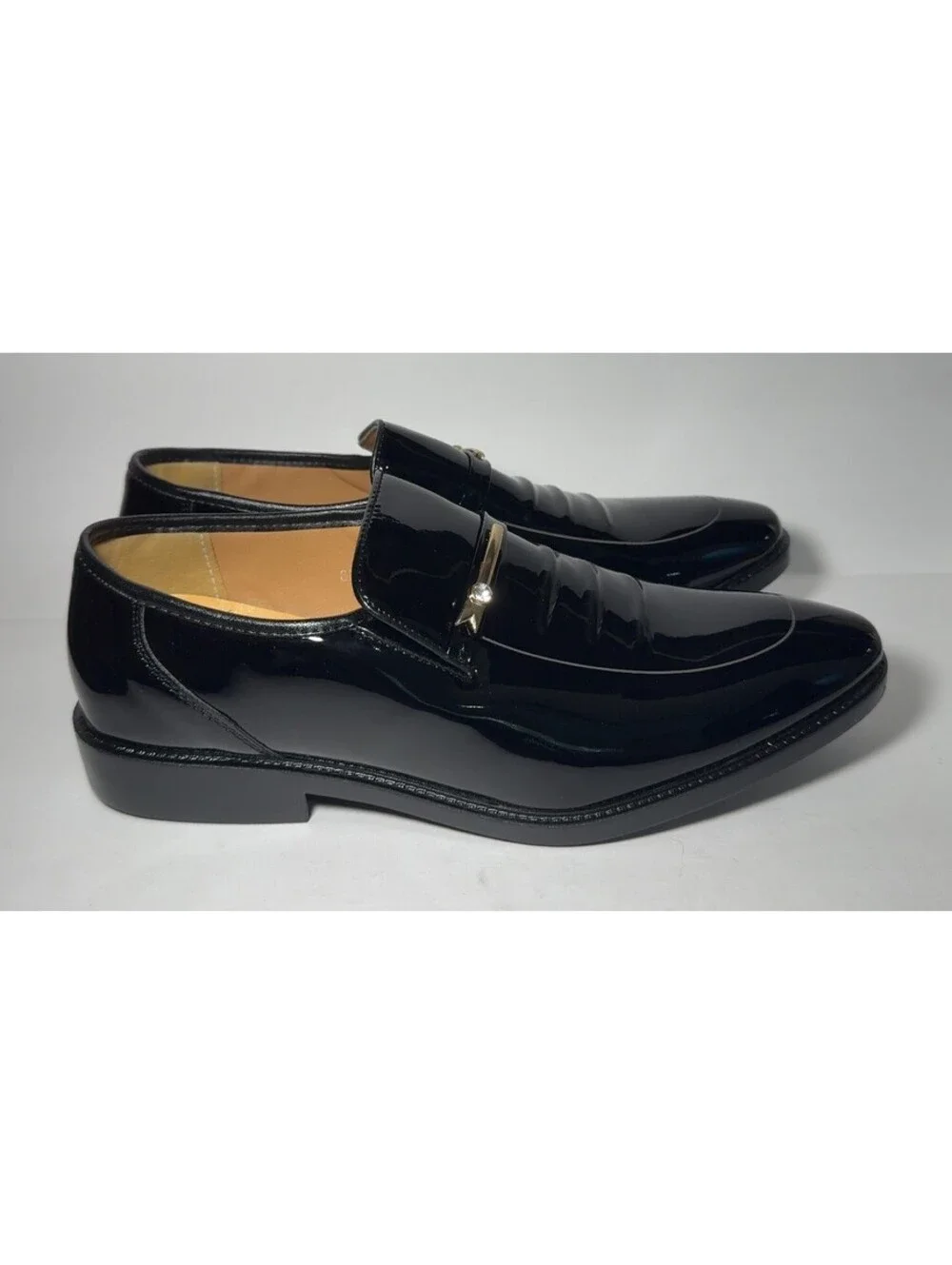 Mens Black Patent Fashion Loafers Gold Tone Metal Bar Accent Shoes 43